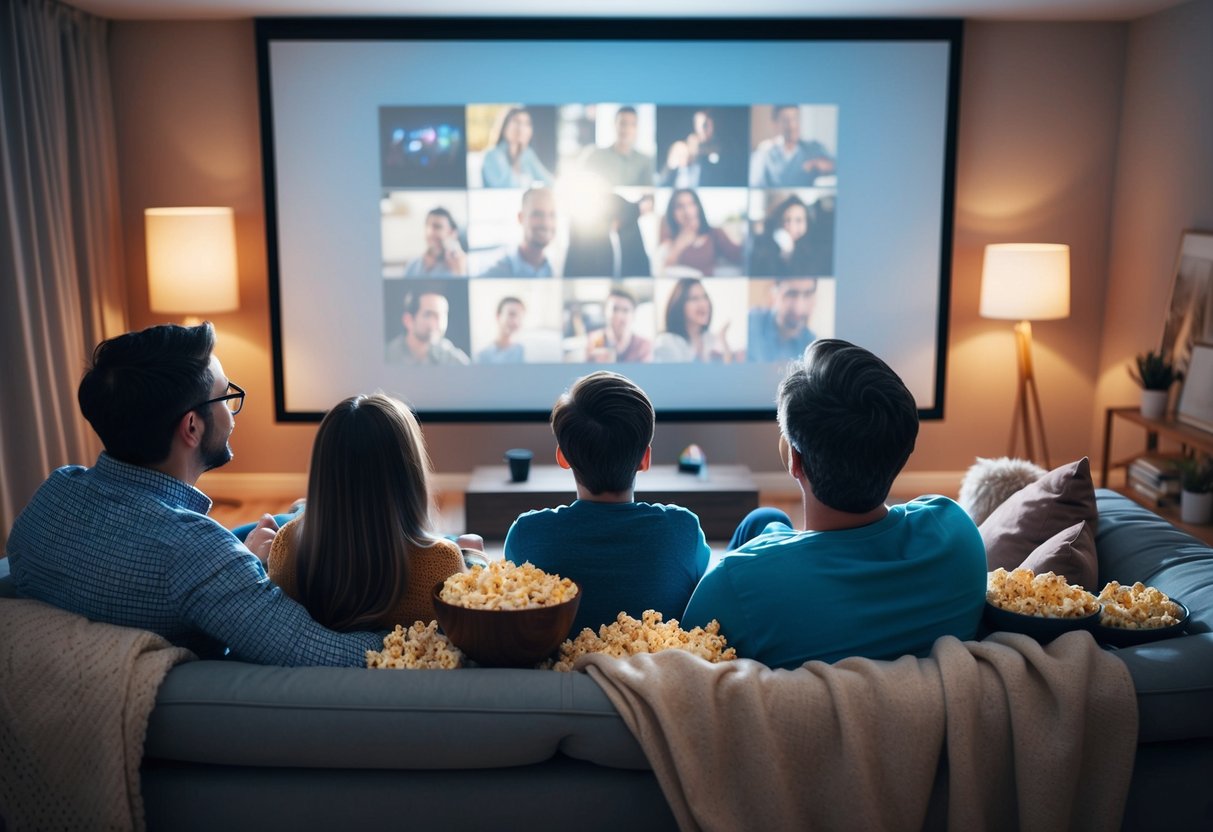 A family sitting on a cozy couch, surrounded by popcorn and blankets, watching a movie projected onto a big screen in their living room
