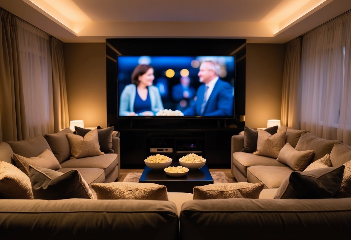A warm, dimly lit living room with a large, plush sectional sofa facing a big screen TV. Soft blankets and pillows are scattered around, and a small table holds bowls of popcorn and snacks