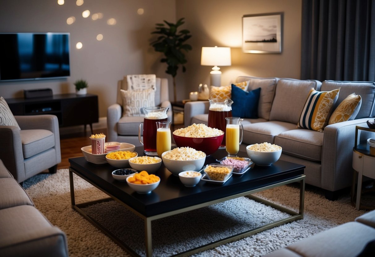 A cozy living room with a coffee table filled with bowls of popcorn, trays of snacks, and pitchers of refreshments, surrounded by comfortable seating for a family movie night