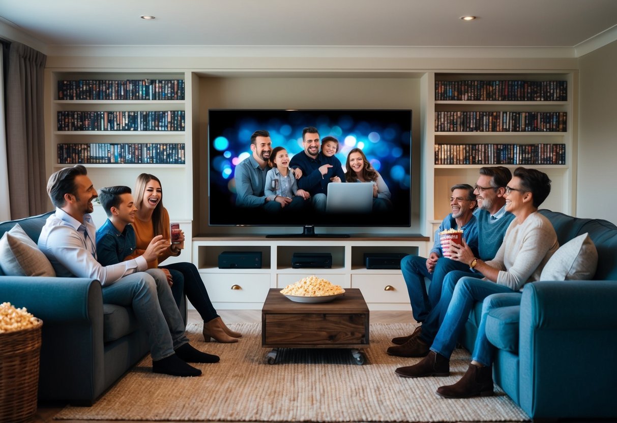 A cozy living room with a large screen TV, comfy seating, and shelves filled with DVDs and popcorn. A family and friends are gathered around, laughing and enjoying a movie together