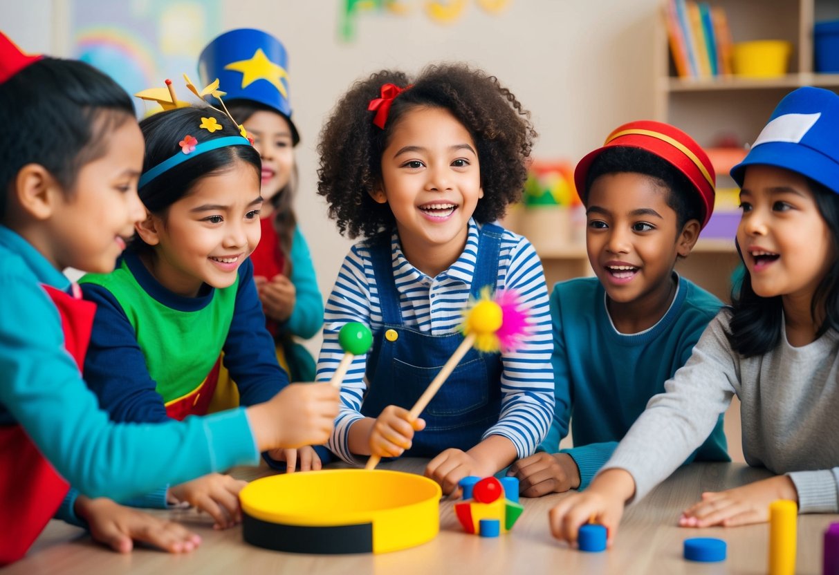 A group of children engaged in dramatic play, using props and costumes to act out various scenes and characters. They are animated and expressive, showing enthusiasm for the activity