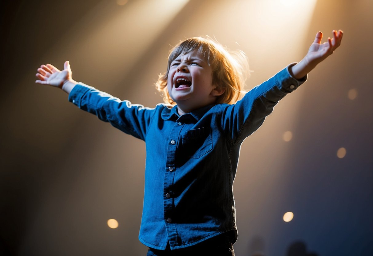 A child stands on a stage, arms outstretched, face twisted in anguish, as a spotlight illuminates their dramatic expression