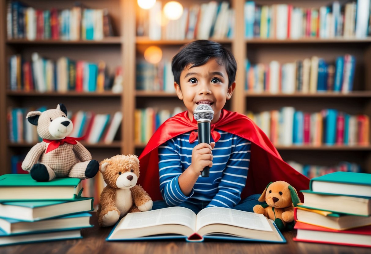 A child surrounded by books, wearing a cape and holding a makeshift microphone while acting out a story with stuffed animals