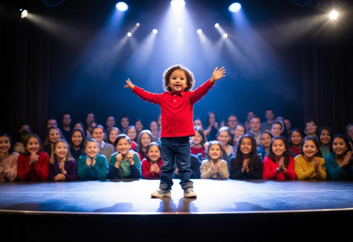 A child standing confidently on a stage, surrounded by a spotlight and an audience of eager faces, eagerly gesturing and performing