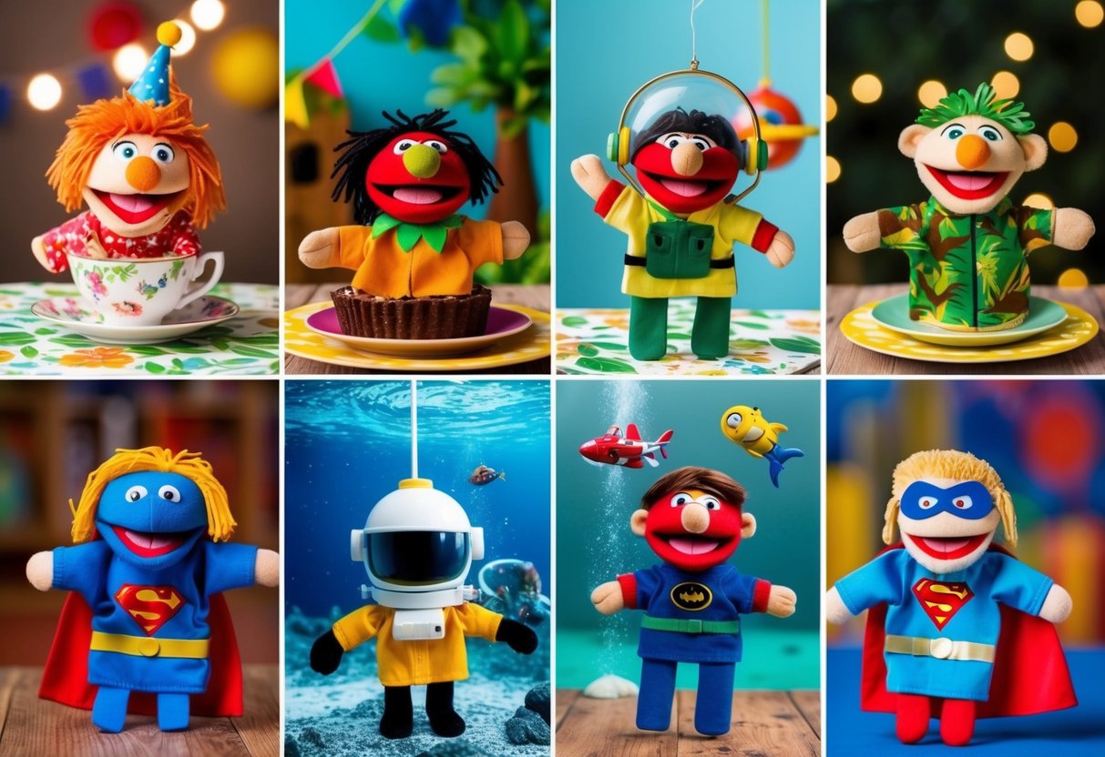Puppets act out a tea party, jungle adventure, space exploration, underwater expedition, and superhero rescue in a colorful, imaginative play setting