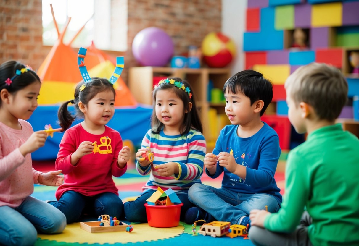 A group of children engage in dramatic play, using props and costumes to act out imaginative stories in a colorful and dynamic setting