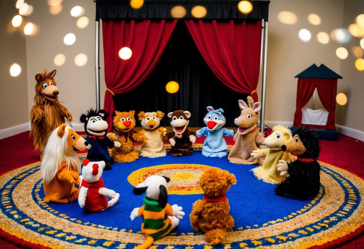 A group of animal puppets are arranged in a circle on a colorful rug, with a small stage backdrop behind them. The puppets are posed in various animated positions, ready for storytelling and dramatic play