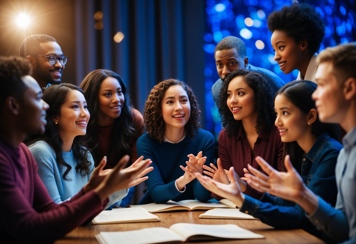 A group of diverse characters engage in dramatic storytelling, using expressive body language and facial expressions to convey their imaginative narratives