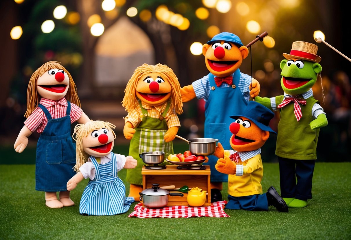 A puppet show with a family of puppets acting out different scenarios, such as cooking, playing, and going on a picnic