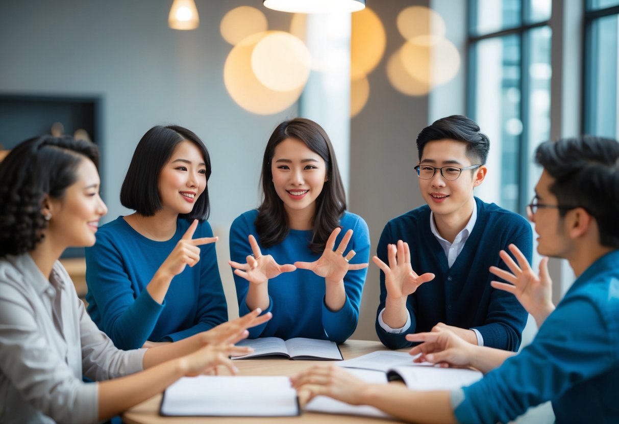 A group of individuals acting out various role-playing scenarios, using expressive gestures and facial expressions to convey storytelling through drama