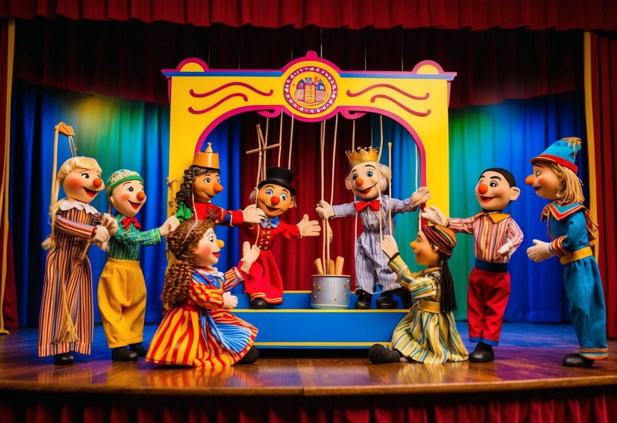 A colorful puppet theater with puppets in various characters, interacting with props and engaging in dramatic play
