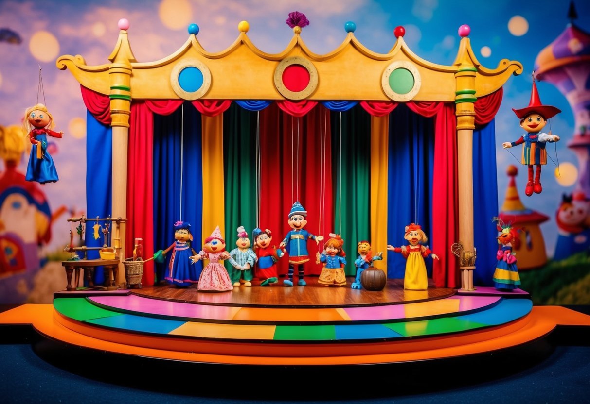 A colorful puppet theatre stage with various puppets and props, set against a backdrop of a whimsical and imaginative world