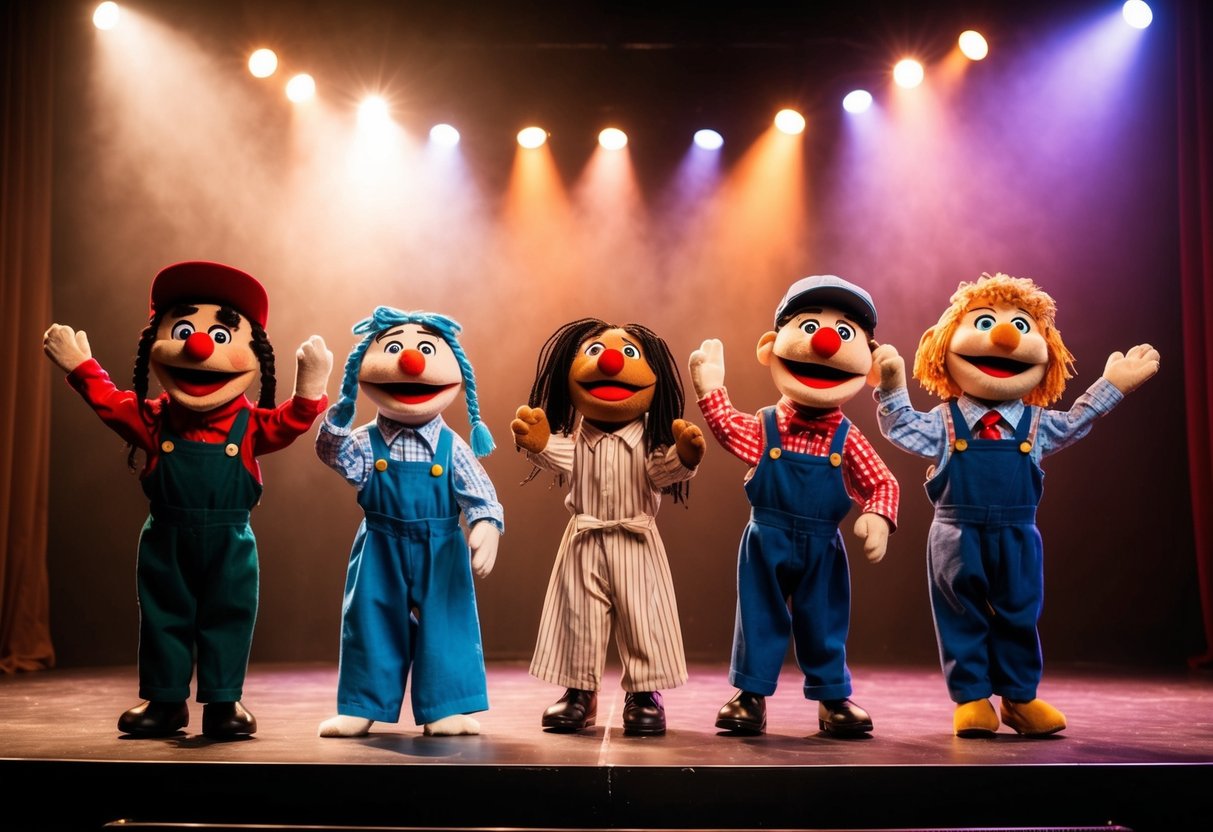 Puppets acting out various emotions on a stage with props and lighting to enhance dramatic play