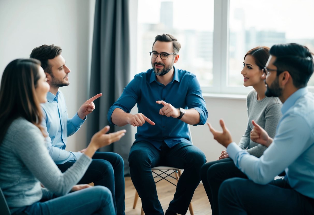 A group of people sit in a circle, gesturing and using facial expressions to tell a story. One person takes the lead, while the others listen and react