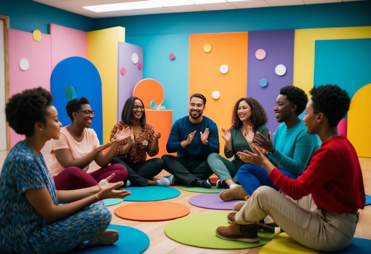 A group of diverse shapes and colors engage in various expressive activities, such as improvisation, role-playing, and storytelling, in a vibrant and dynamic setting