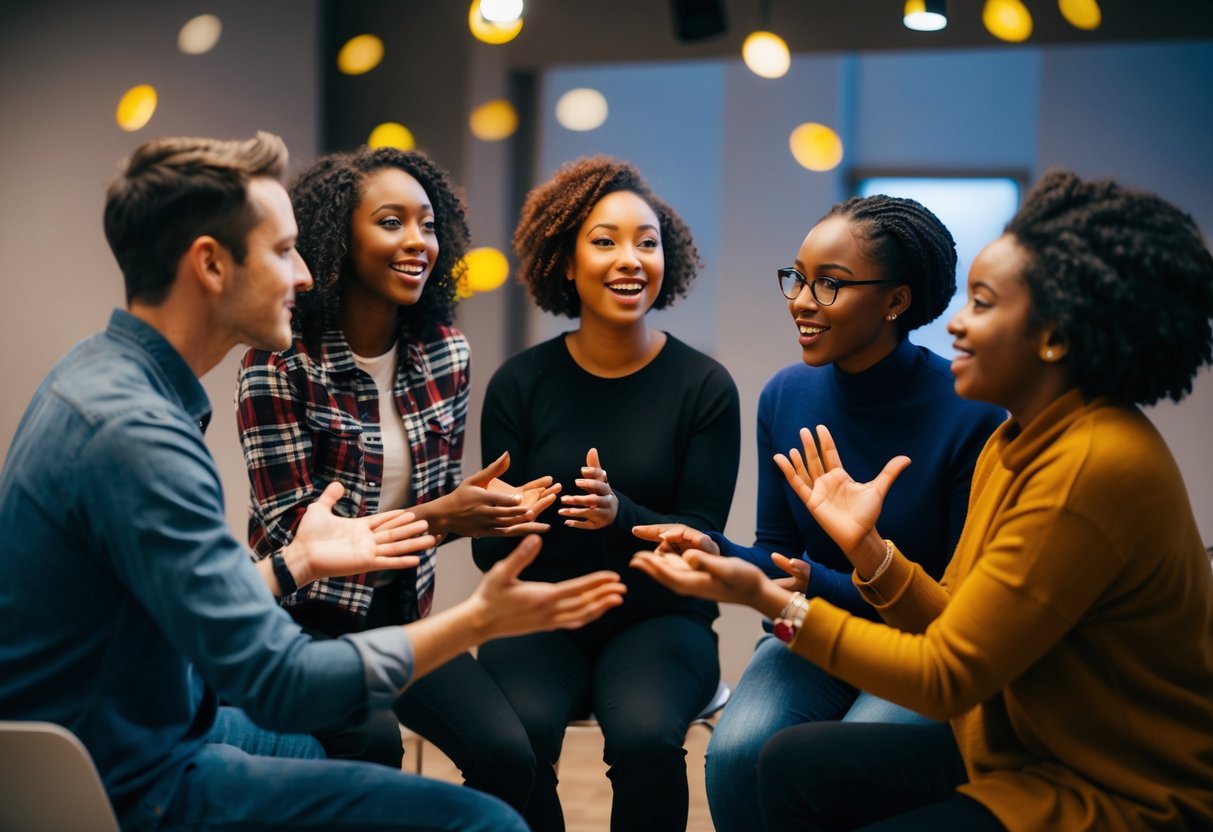 A group of characters engaging in various dramatic activities, such as improvisation, role-playing, and storytelling, in a creative and expressive manner