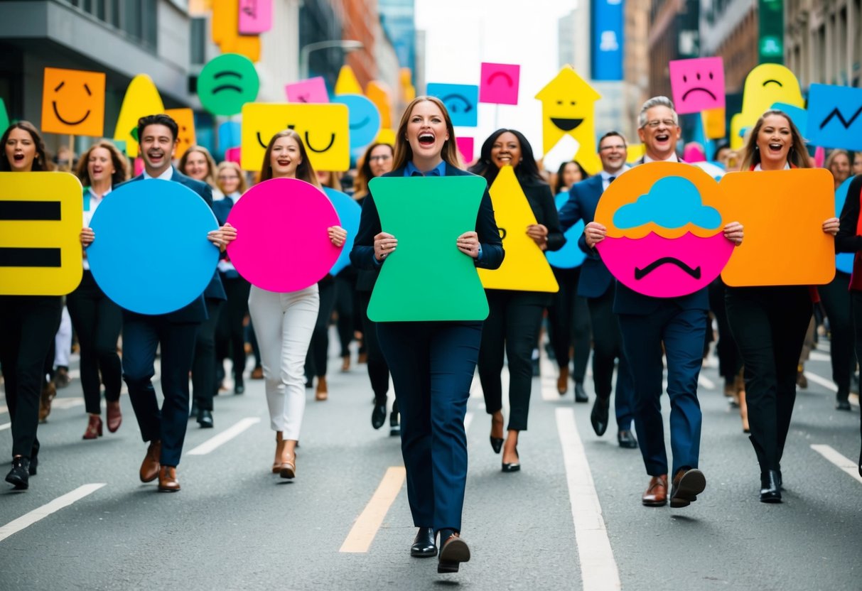 A colorful parade of abstract shapes and symbols representing various emotions, marching in a lively and expressive manner