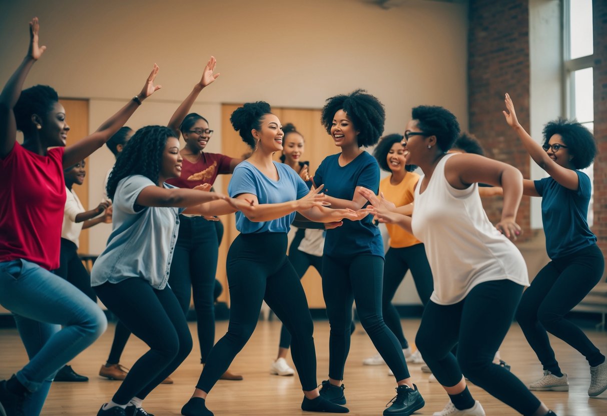 A group of diverse individuals engage in various drama activities, expressing themselves through movement and emotion in a dynamic and creative environment