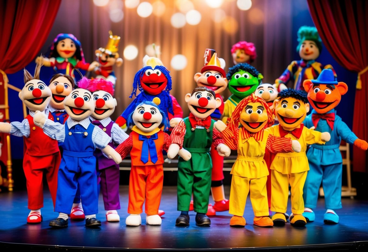 A collection of colorful puppets on a stage, each with unique expressions and poses, surrounded by various props and backdrops