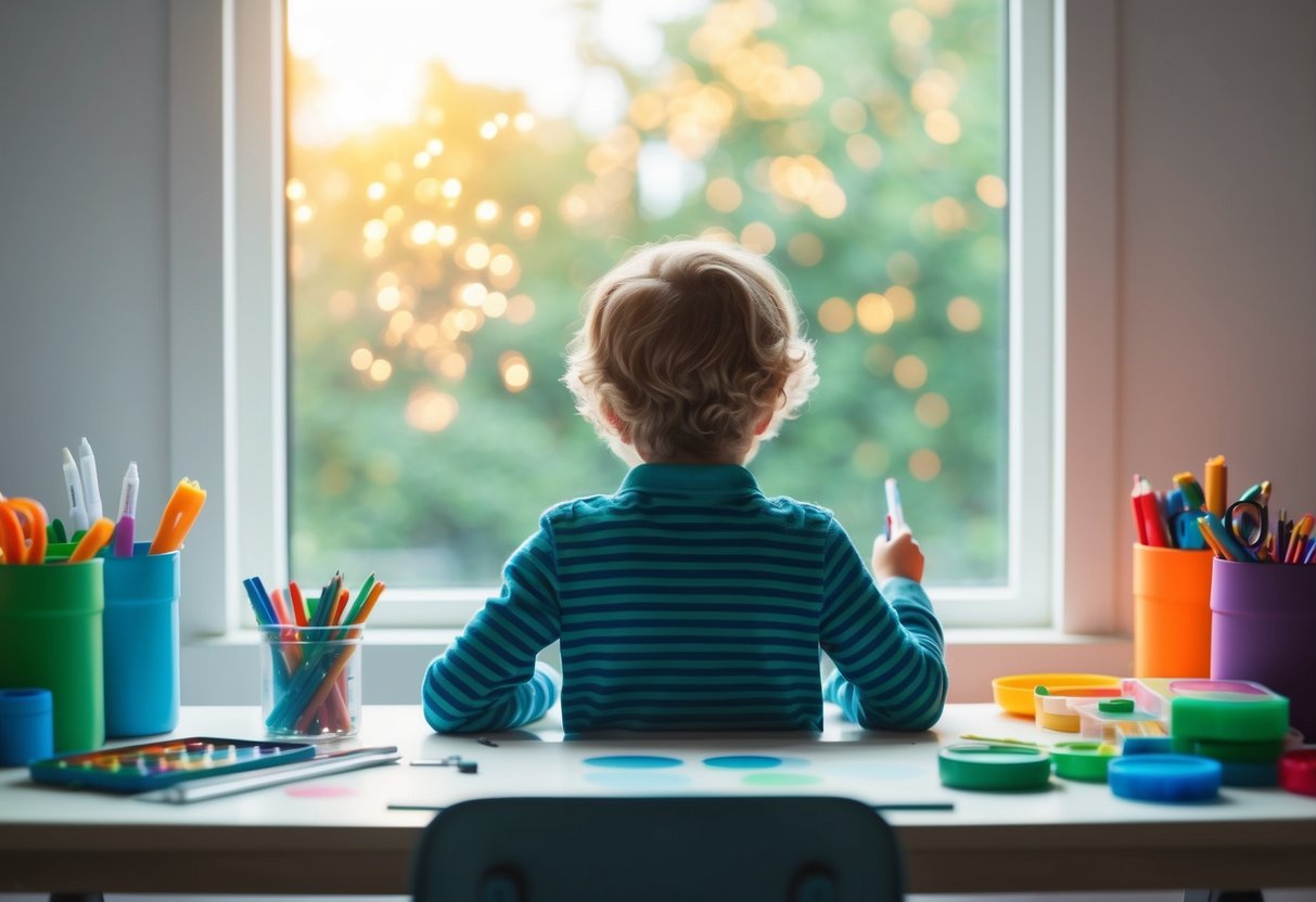 A child sitting at a desk surrounded by colorful art supplies, staring out a window at a world of endless possibilities