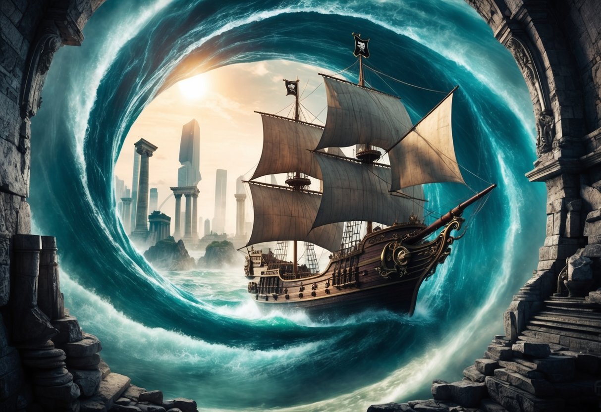 A pirate ship sails through a swirling vortex, surrounded by ancient ruins and futuristic skyscrapers, as the crew marvels at the wonders of time travel