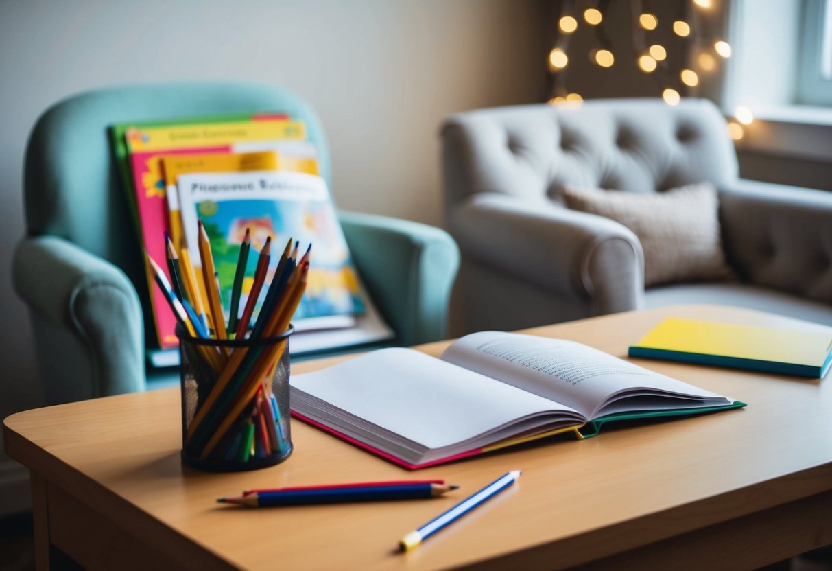 A child's desk with colorful pencils, blank paper, and a storybook open to an inspiring page. A cozy reading nook with a plush chair and soft lighting