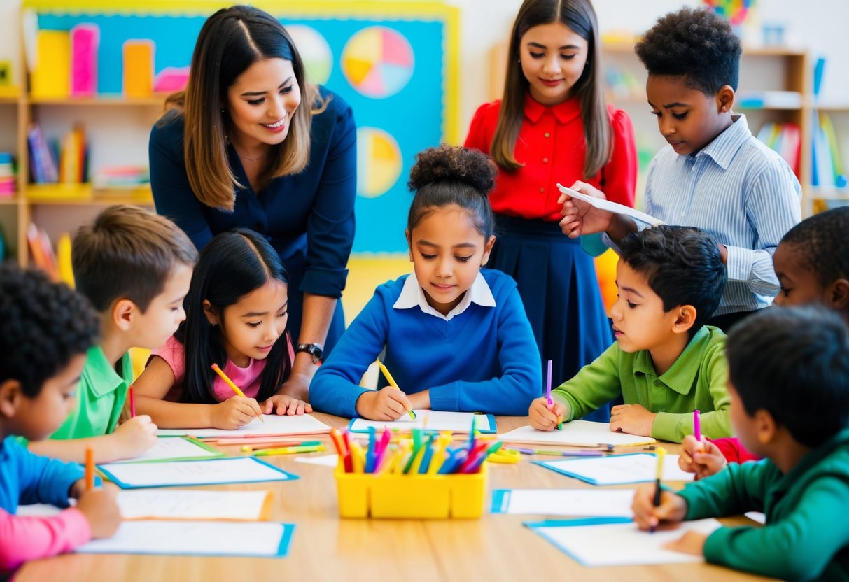 A group of children gather around a table filled with colorful writing supplies. They eagerly listen to a teacher as she demonstrates different techniques for starting a story