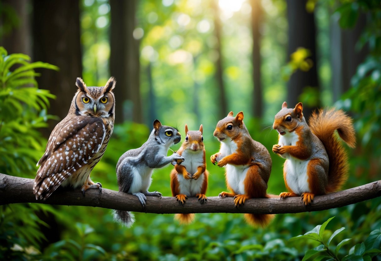 Animals gathered in a lush forest, conversing in various languages. A wise owl perched on a branch, while a group of squirrels chattered excitedly