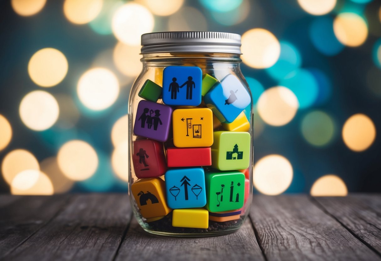 A jar filled with colorful objects and symbols representing different story elements, such as characters, settings, and plot points