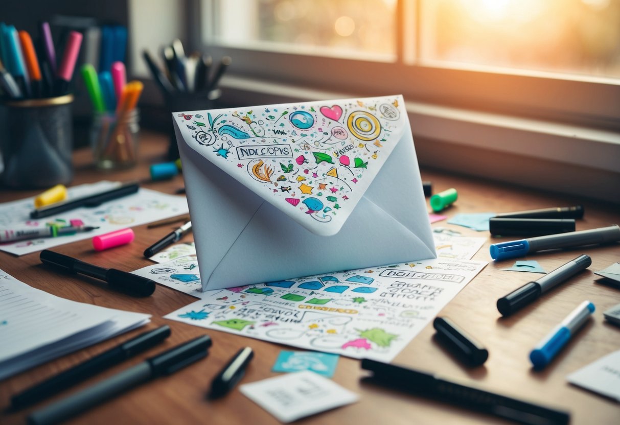 A letter enveloped in colorful doodles and surrounded by scattered pens and markers on a cluttered desk. A window lets in warm sunlight, casting a soft glow on the scene