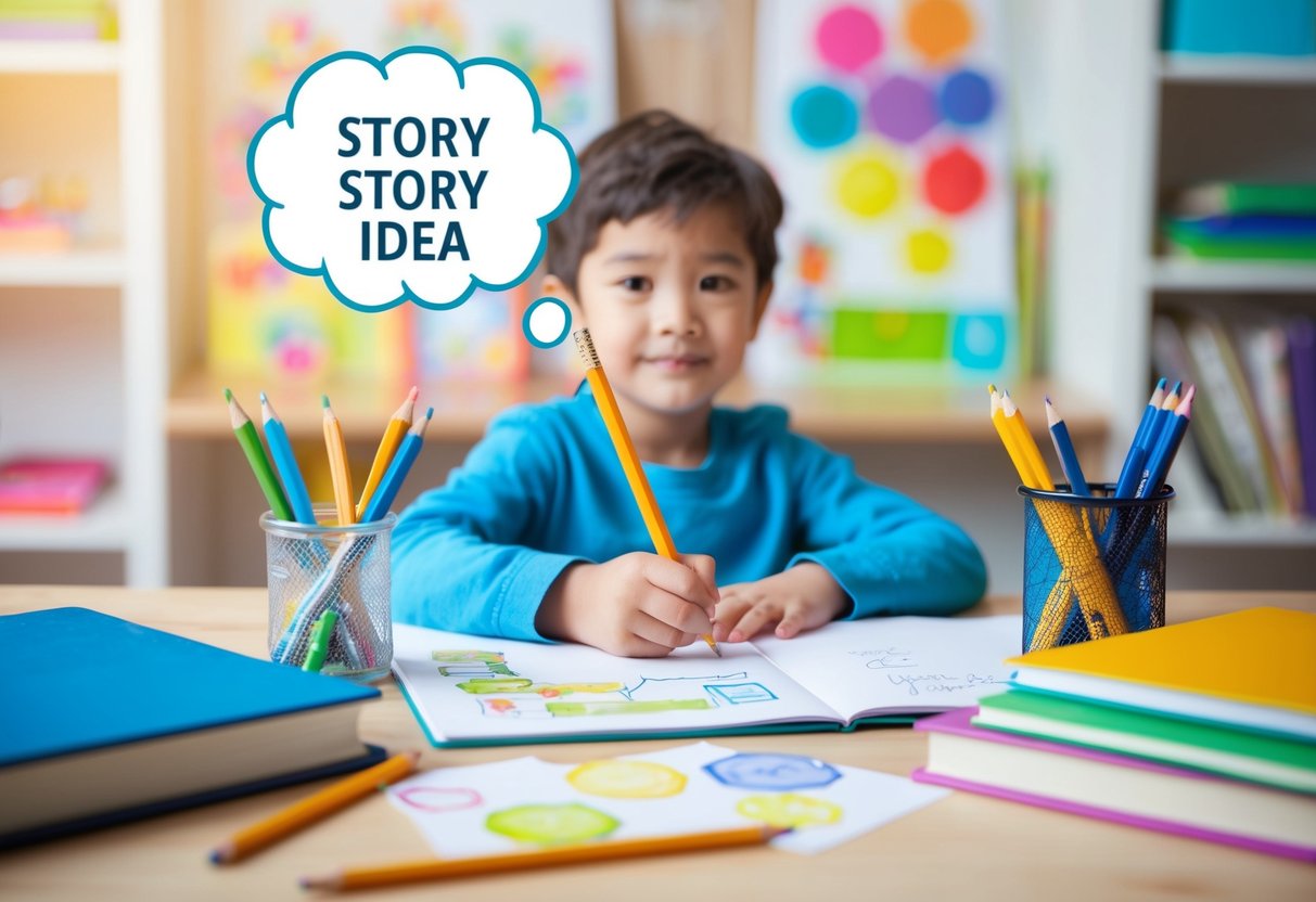A child's hand holding a pencil, surrounded by colorful drawings, books, and writing tools on a desk. A thought bubble with a story idea hovers above