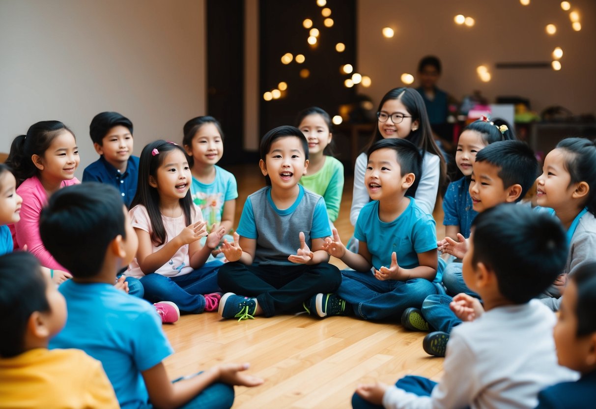 A group of children sit in a circle, eagerly listening to a storyteller as they use expressive gestures and facial expressions to captivate their audience