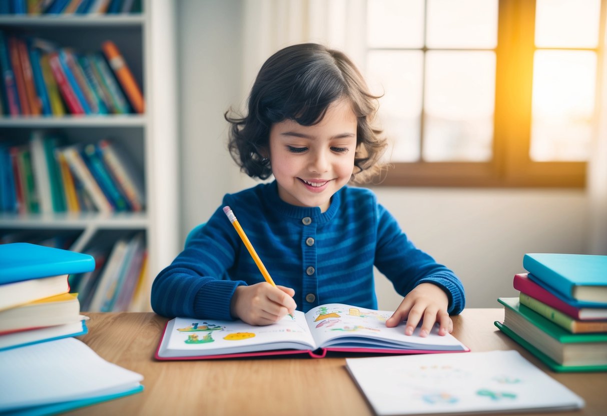 A child sits at a desk, surrounded by books and paper. A notebook is open, filled with imaginative stories and illustrations. The child's face is lit up with excitement as they write