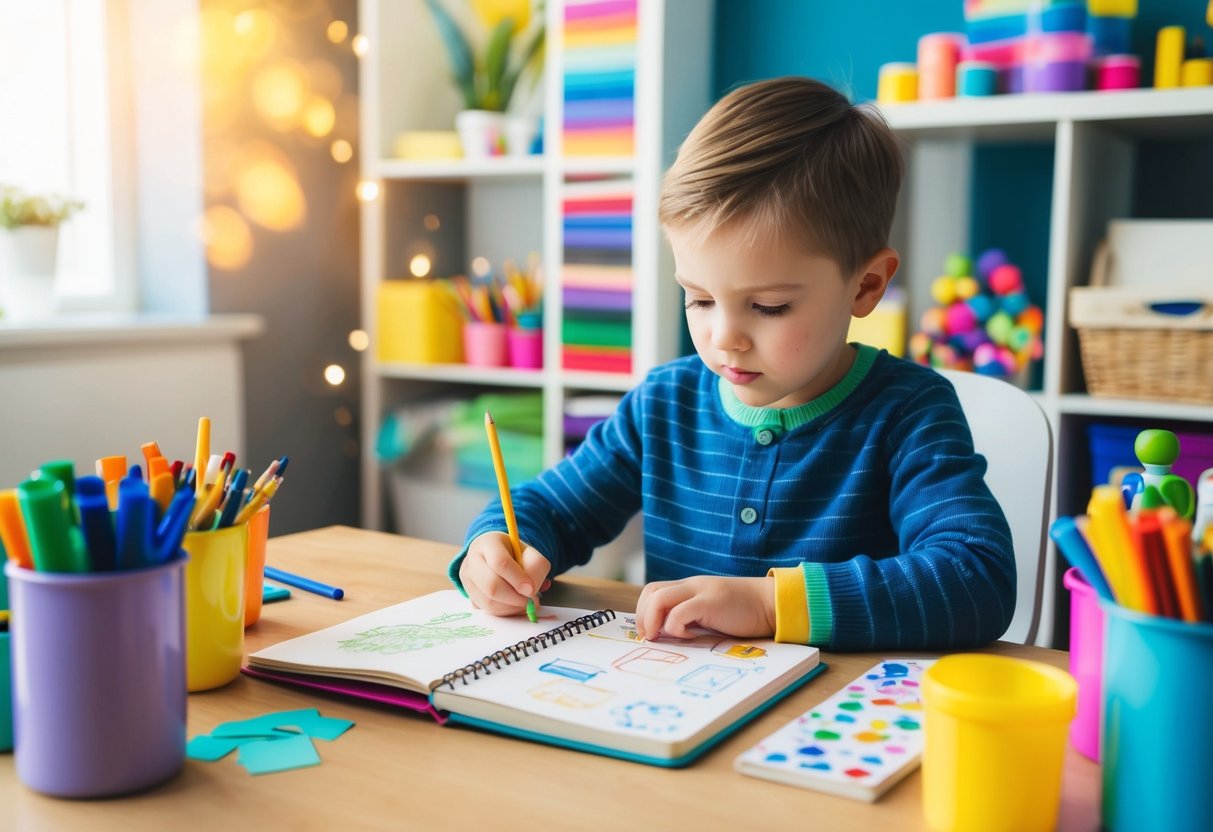 A child sits at a desk surrounded by art supplies, drawing and writing in a colorful journal. The room is filled with imagination and creativity