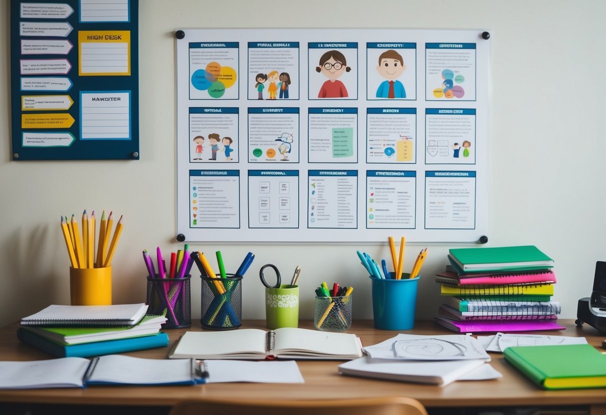 A child's desk cluttered with notebooks, pens, and sketches. A character chart hangs on the wall, filled with detailed descriptions and personality traits