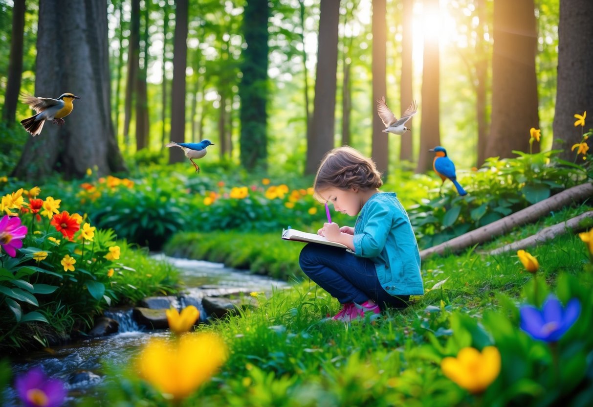 A child journaling in a lush forest, surrounded by colorful flowers, tall trees, and chirping birds. A stream flows nearby, and the sun shines through the canopy above