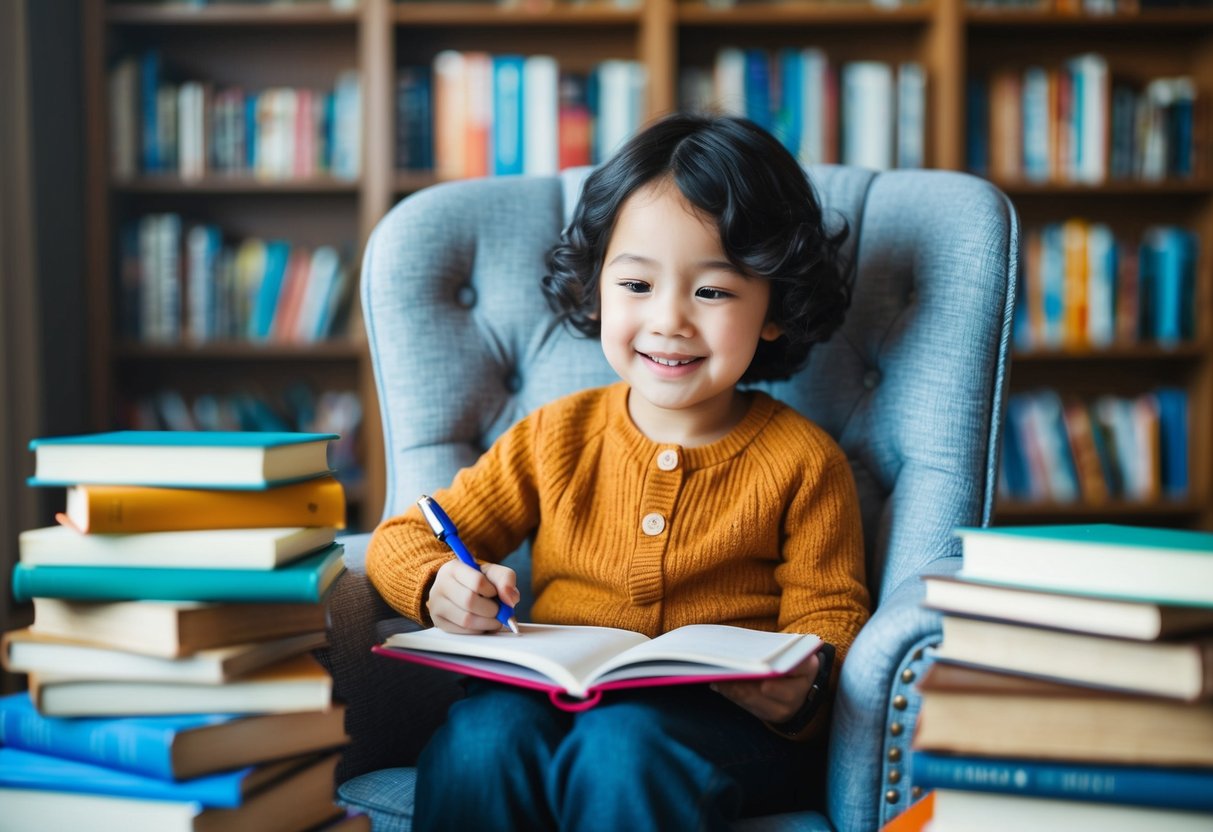 A child sits in a cozy chair, surrounded by books. They hold a pen and notebook, lost in thought, with a smile on their face