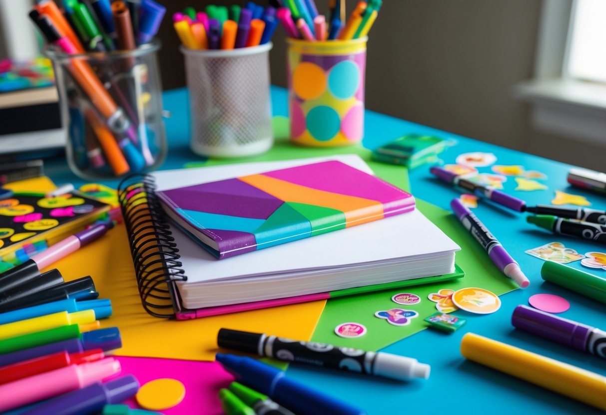 A colorful array of art supplies scattered on a desk, including markers, crayons, and stickers. A blank journal with a vibrant cover sits open, waiting to be filled with creative ideas