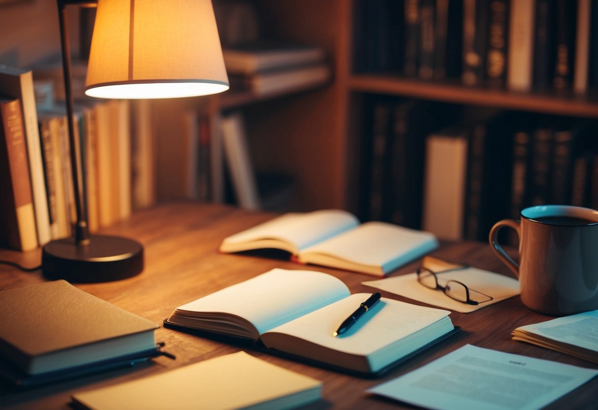 A cozy desk with a pen, open journal, and scattered papers. A warm lamp illuminates the space, surrounded by books and a mug of tea