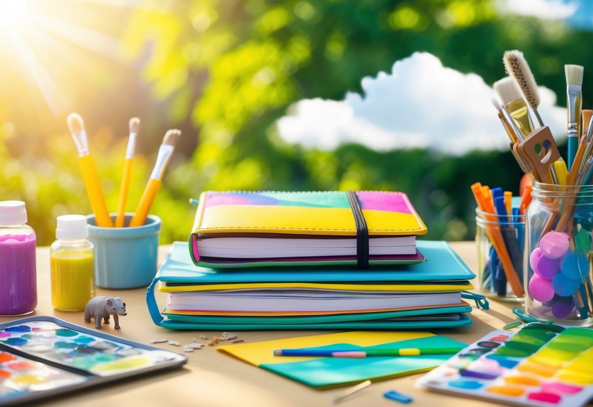 A colorful journal surrounded by art supplies and nature elements like trees, animals, and clouds. Bright sunlight shines on the scene