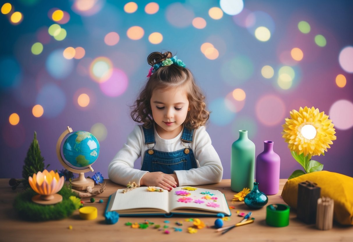 A child surrounded by colorful dream-themed objects and nature elements, exploring different creative journaling ideas