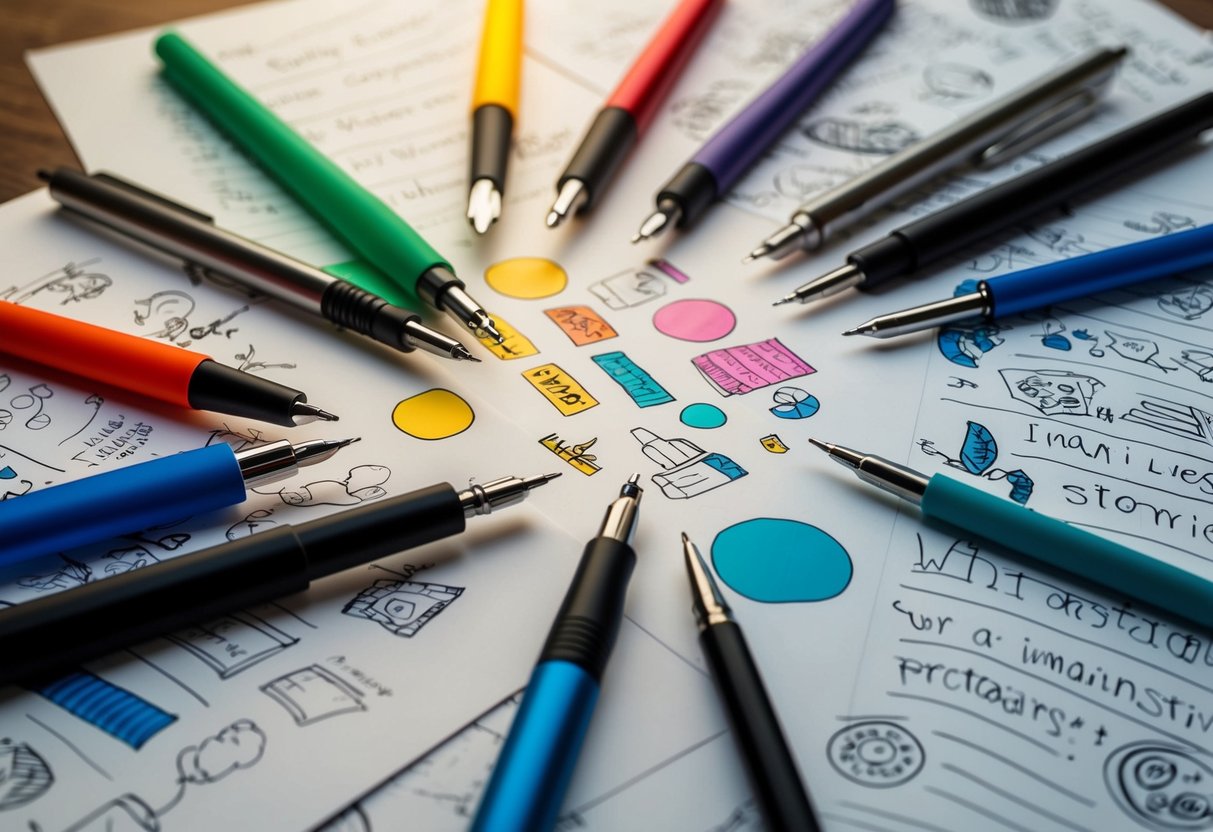 A group of colorful writing tools scattered on a table, surrounded by sheets of paper filled with doodles and imaginative stories