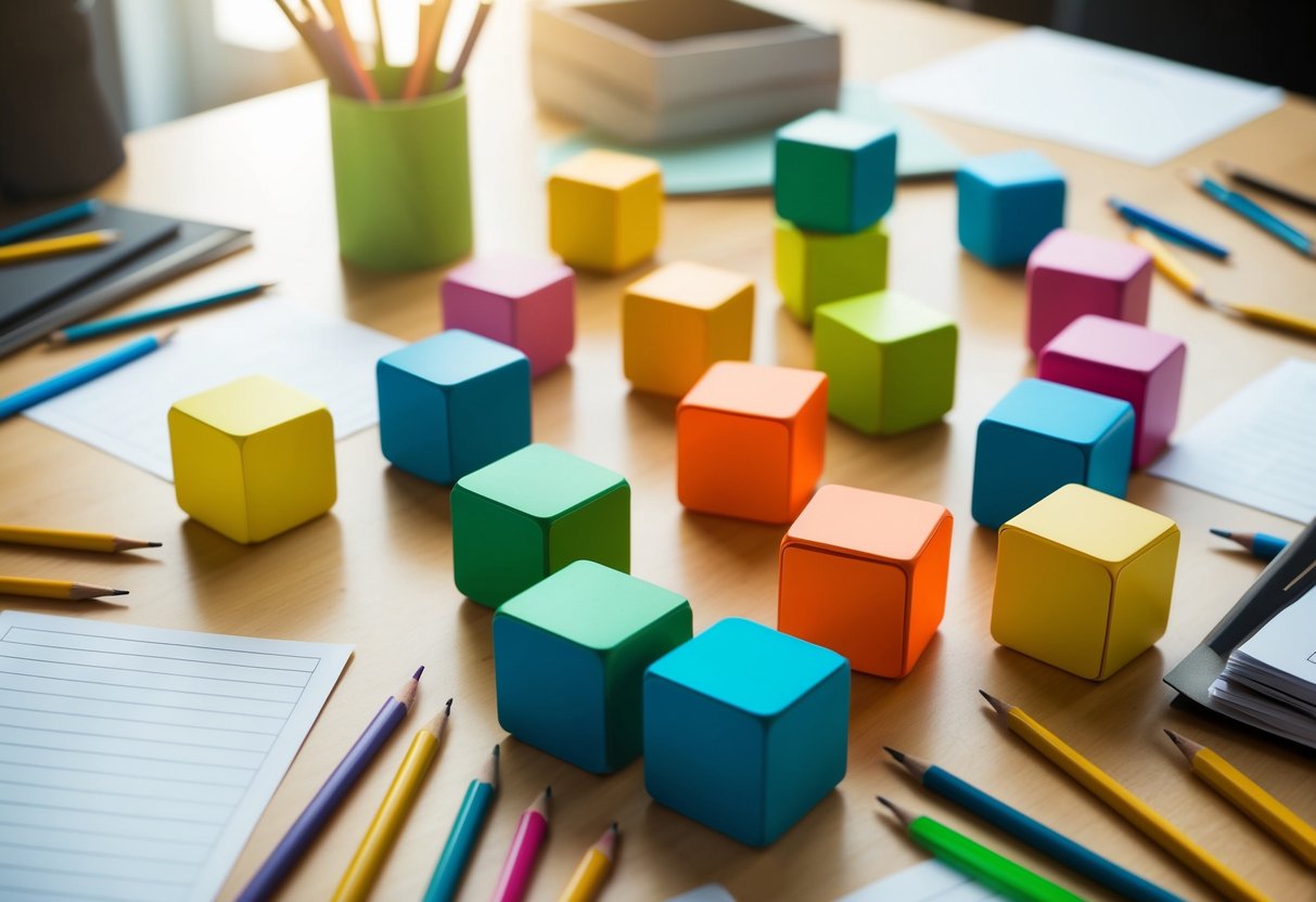 A group of colorful story cubes scattered on a table, surrounded by pencils, paper, and various writing materials. A sense of creativity and imagination is in the air