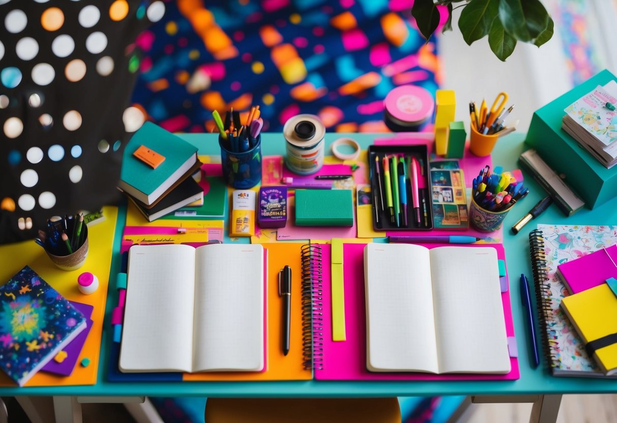 A colorful desk with open journals, pens, and various art supplies scattered around, surrounded by vibrant patterns and creative imagery