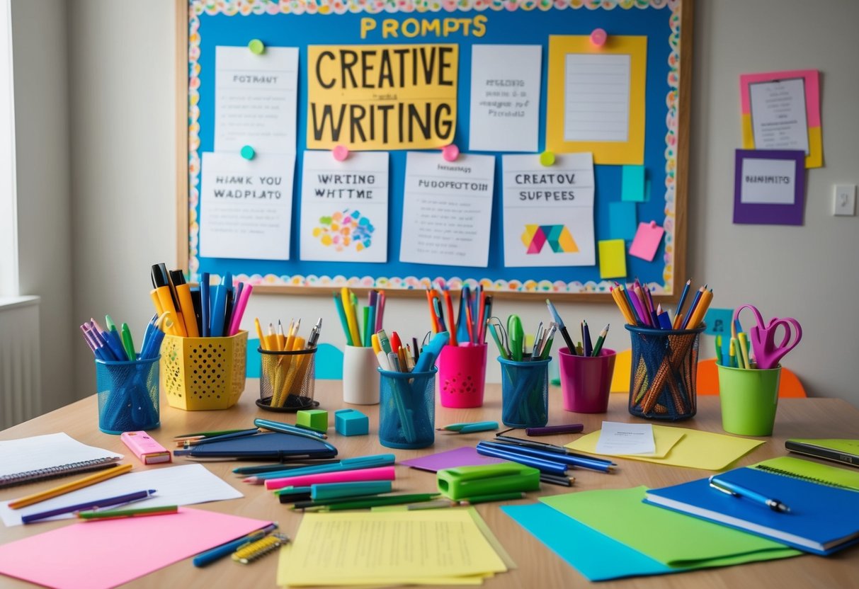 A colorful array of writing tools and art supplies scattered across a table, with various creative writing activities and prompts displayed on a bulletin board