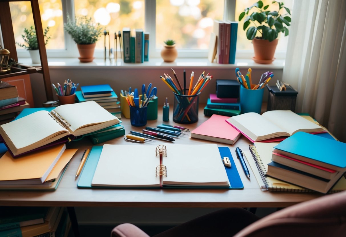 A colorful array of writing tools scattered on a desk, surrounded by open notebooks and sheets of paper. A cozy reading nook with a plush chair and a stack of books