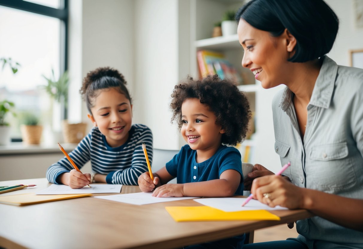 A parent and child sit at a desk with paper and pencils. The child eagerly writes while the parent looks on, offering encouragement and praise. The room is filled with natural light and a sense of warmth and joy