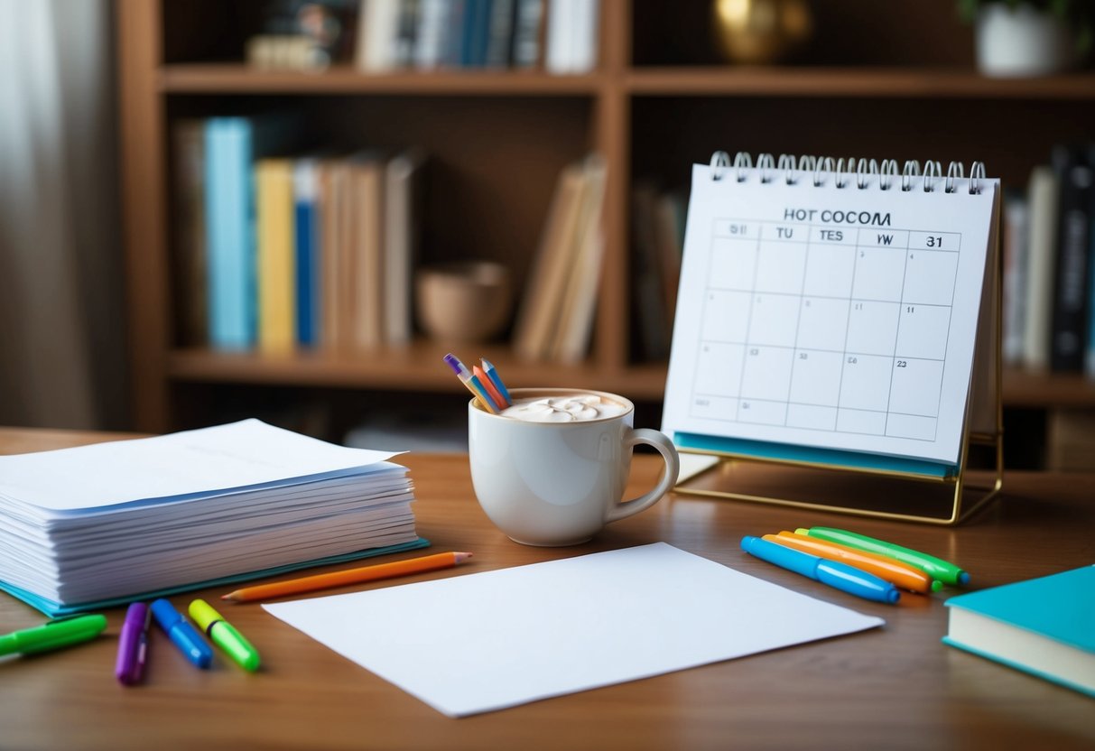 A cozy, well-lit desk with a stack of blank paper, colorful pens, and a cup of hot cocoa, surrounded by shelves of books and a calendar marked with regular writing times