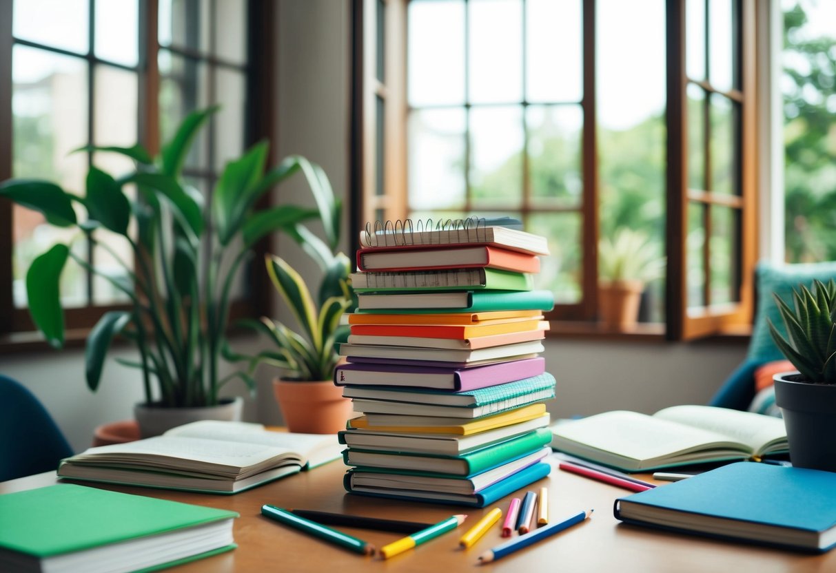 A stack of colorful notebooks and pencils scattered on a desk, surrounded by open windows and potted plants, with a cozy reading nook in the background