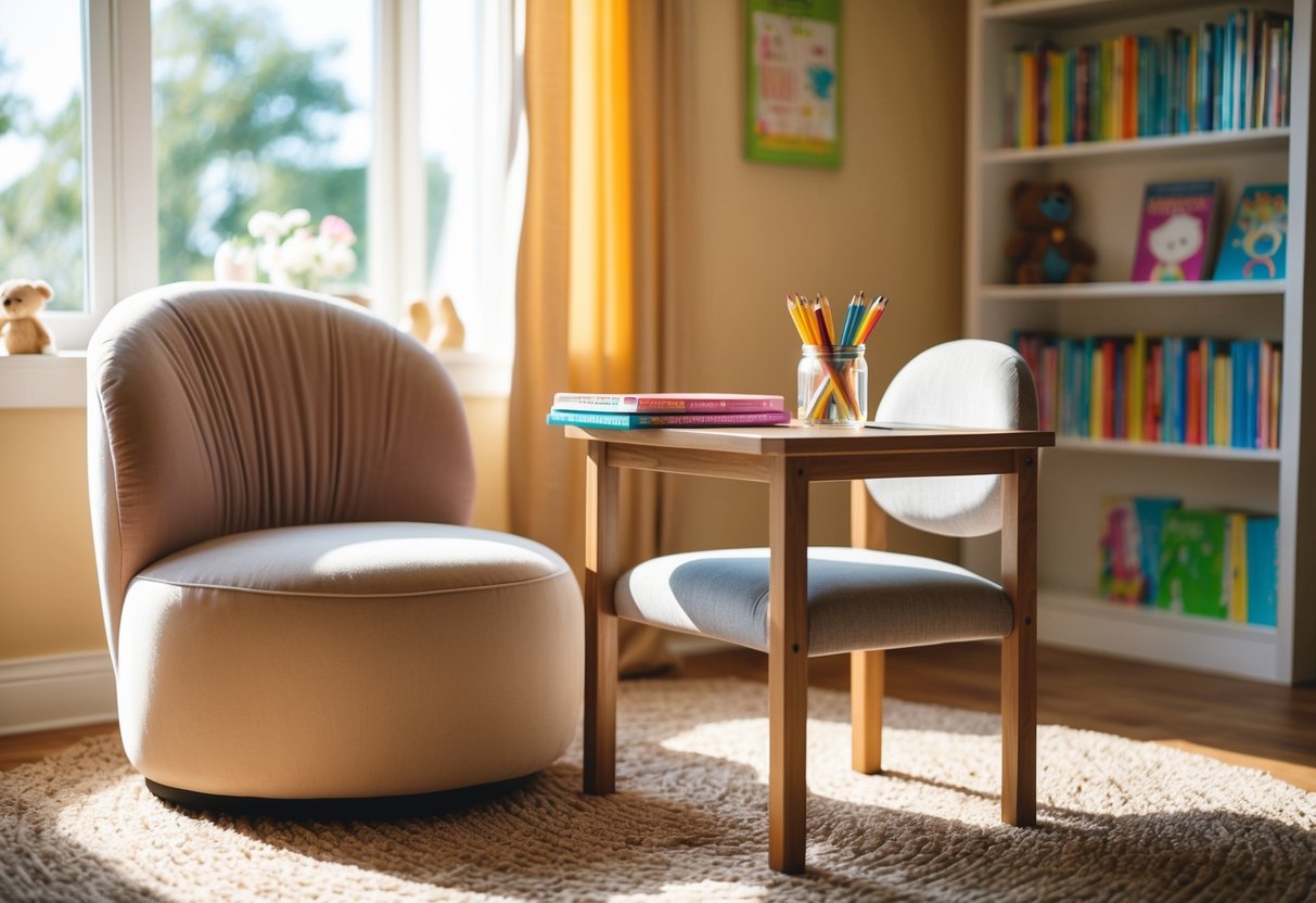 A warm, sunlit room with a soft, oversized chair and a small, sturdy desk. A pile of colorful notebooks and a jar of sharpened pencils sit nearby. A cozy rug and a bookshelf filled with children's books complete the inviting space